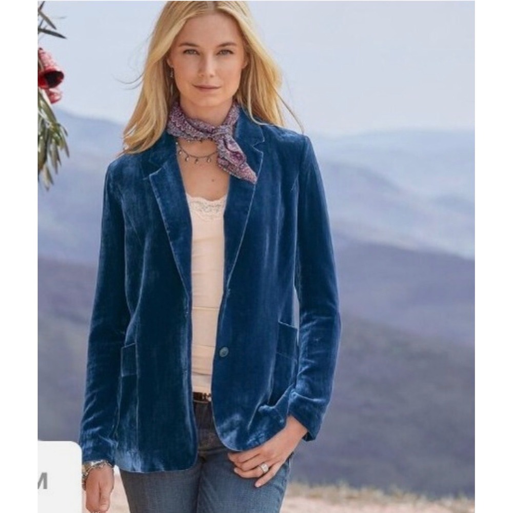 A18 Sundance Taysha Single Breasted Blue Silk Blend Velvet Blazer Jacket Size 8